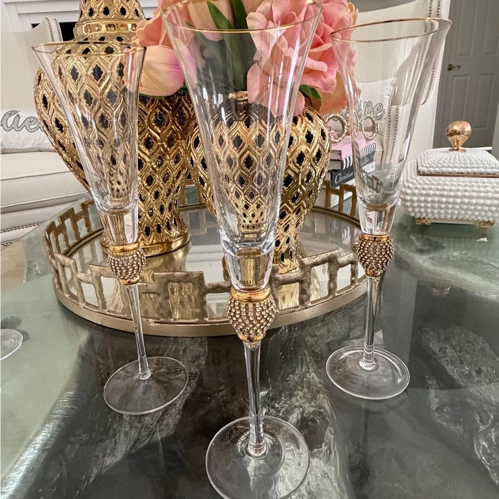 Set of 3 Z Gallerie Elegant Gold and Clear Champagne Flutes